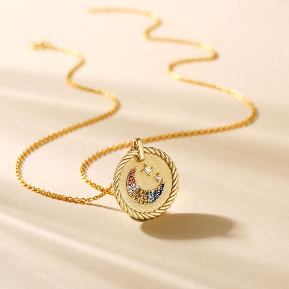 Wholesale 925 Sterling Silver Diamond Crescent Moon and Stars Gold Coin Pendant Necklace for Women