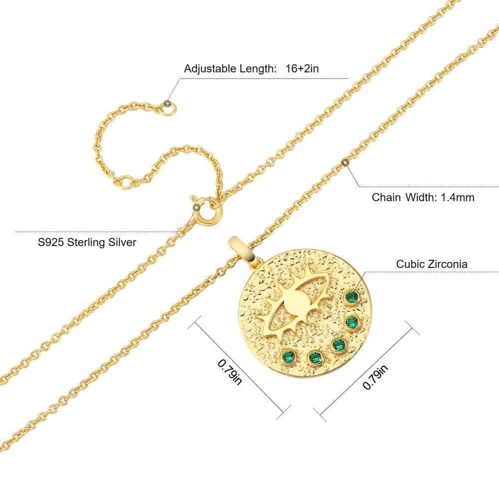 Wholesale 925 Sterling Silver Evil Eye Emerald Gold Coin Pendant Necklace for Women