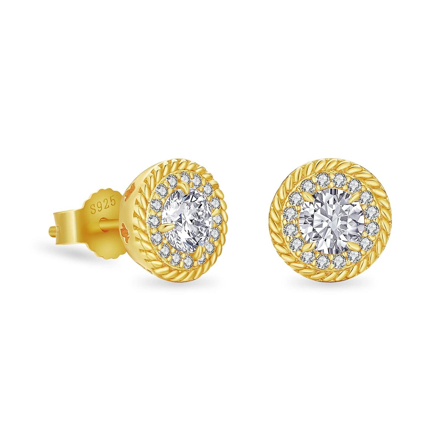 Full Iced CZ Stone Round Twisted Stud Earrings  for Men and Women in 14K Gold / White Gold