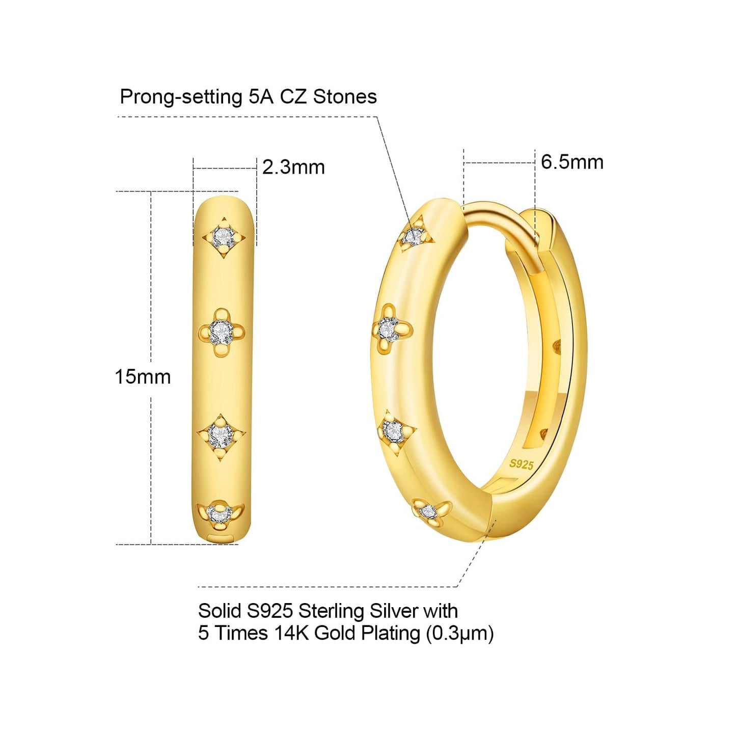 Wholesale Hoop Earrings CZ Diamond S925 15mm Prong-setting for Women