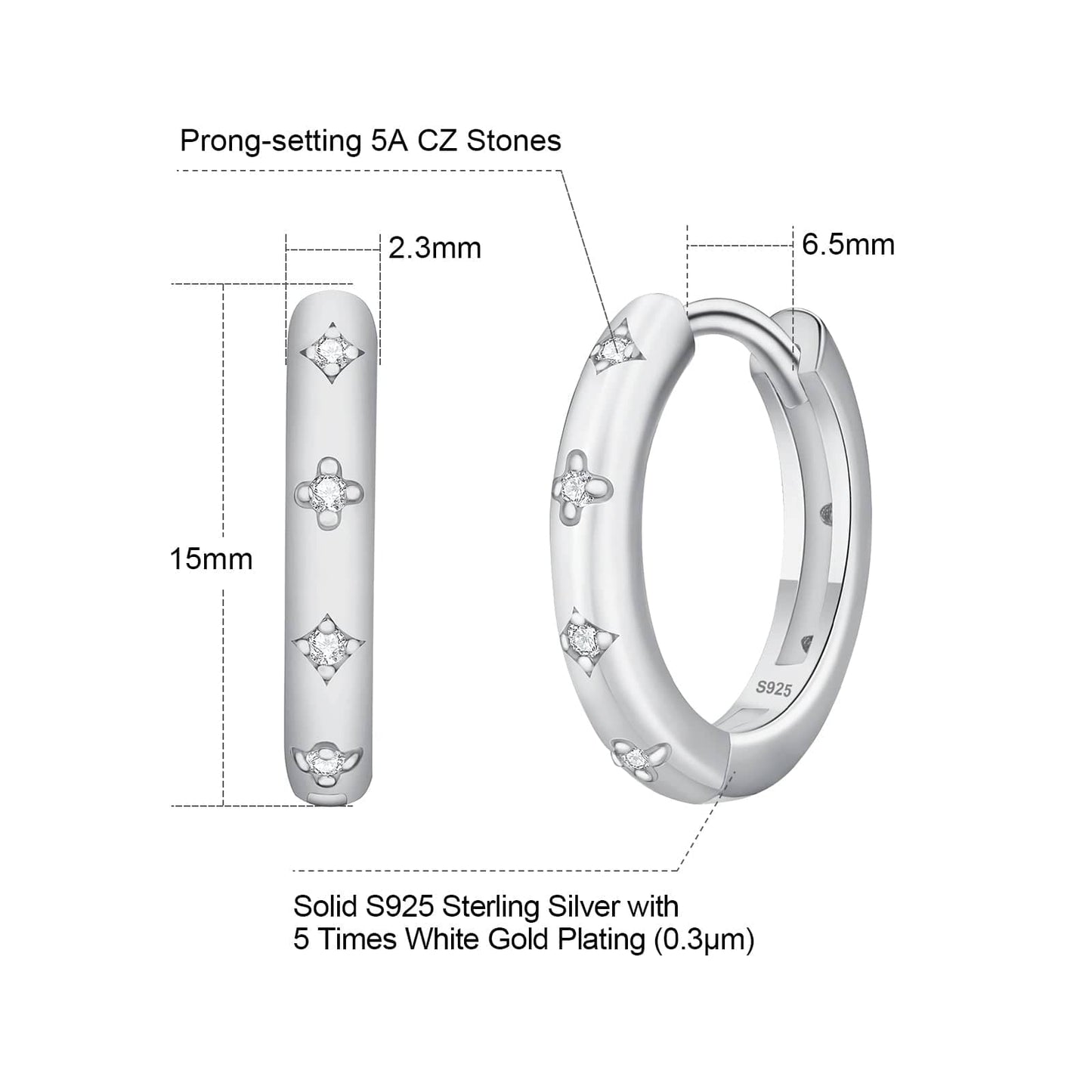 Wholesale Hoop Earrings CZ Diamond S925 15mm Prong-setting for Women