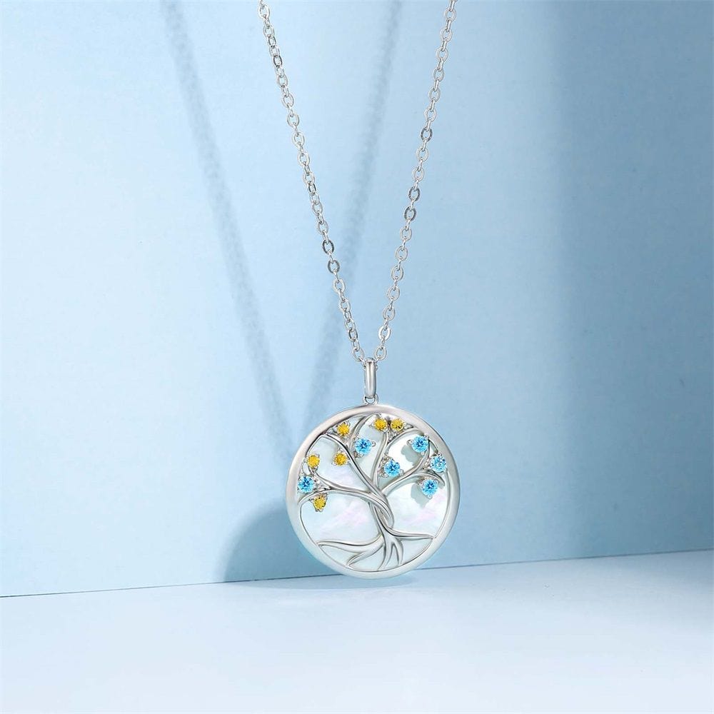 Tree of Life Pendant Coin Necklace White Mother of Pearl for Women 0202