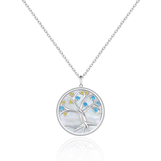 Tree of Life Pendant Coin Necklace White Mother of Pearl for Women 0202