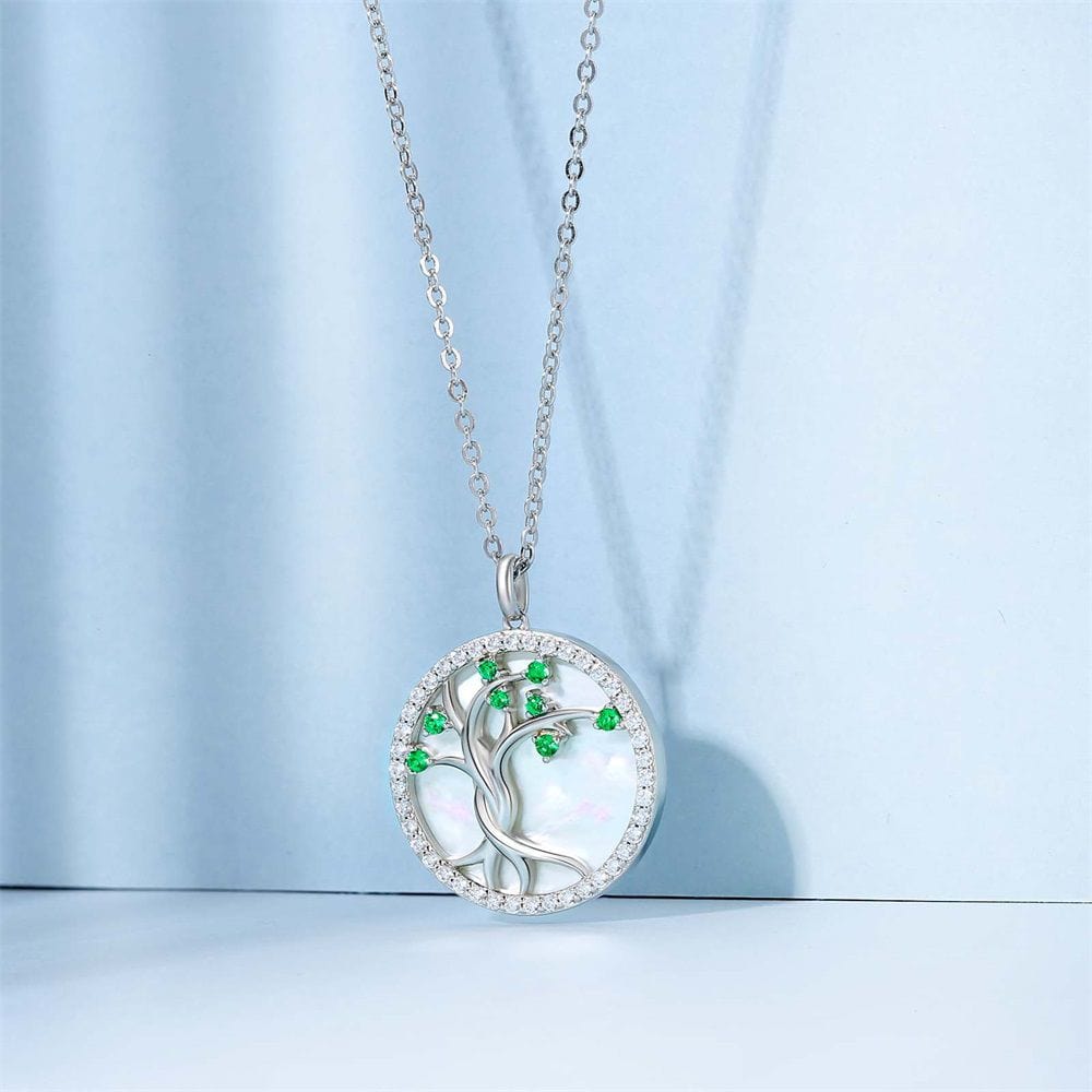 Tree of Life Pendant Coin Necklace White Mother of Pearl for Women 0203