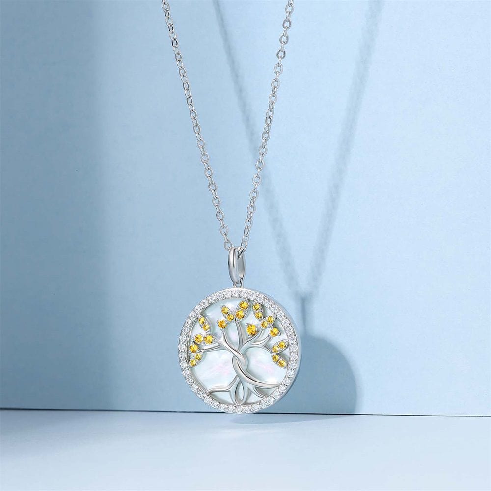 Tree of Life Pendant Coin Necklace White Mother of Pearl for Women 0205