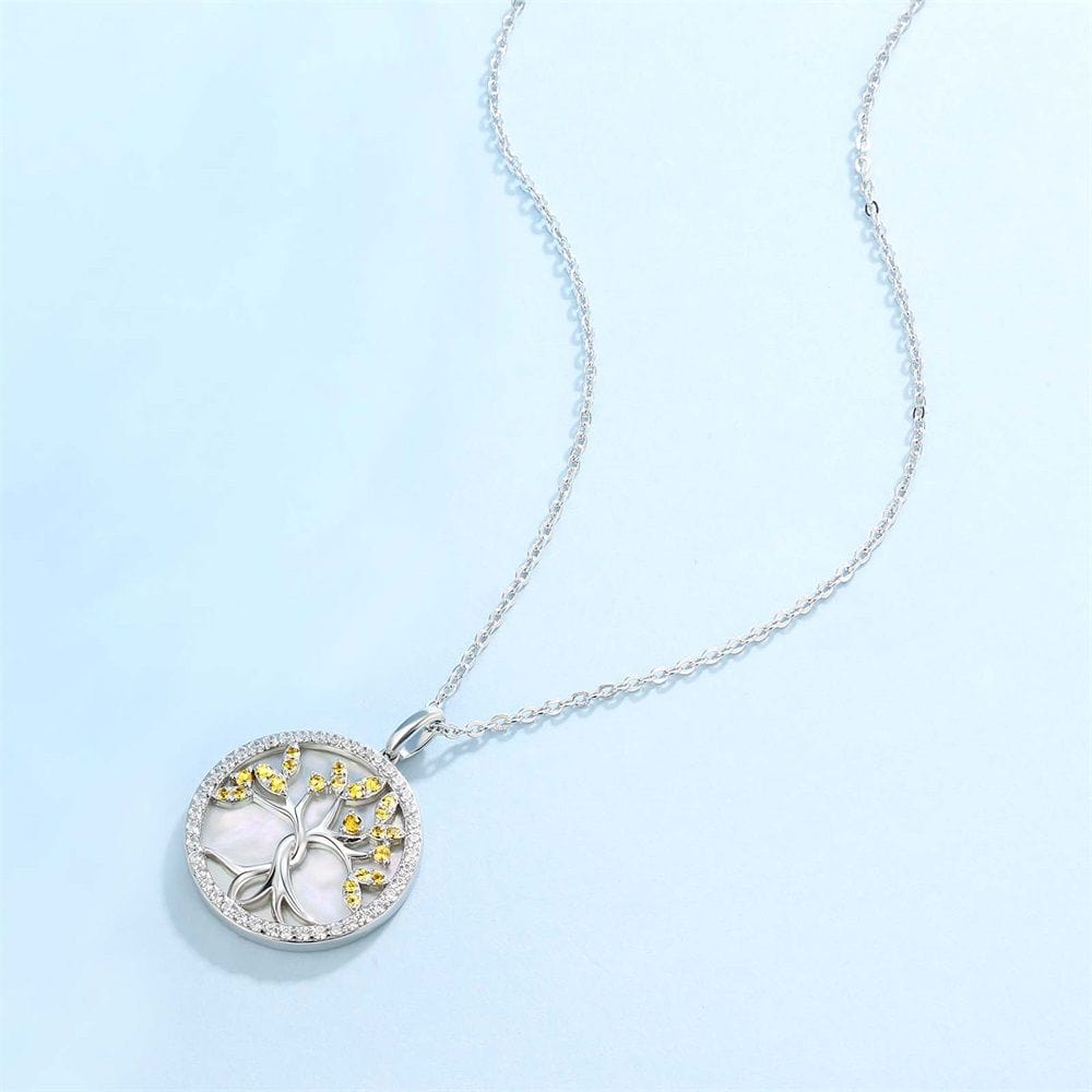 Tree of Life Pendant Coin Necklace White Mother of Pearl for Women 0205