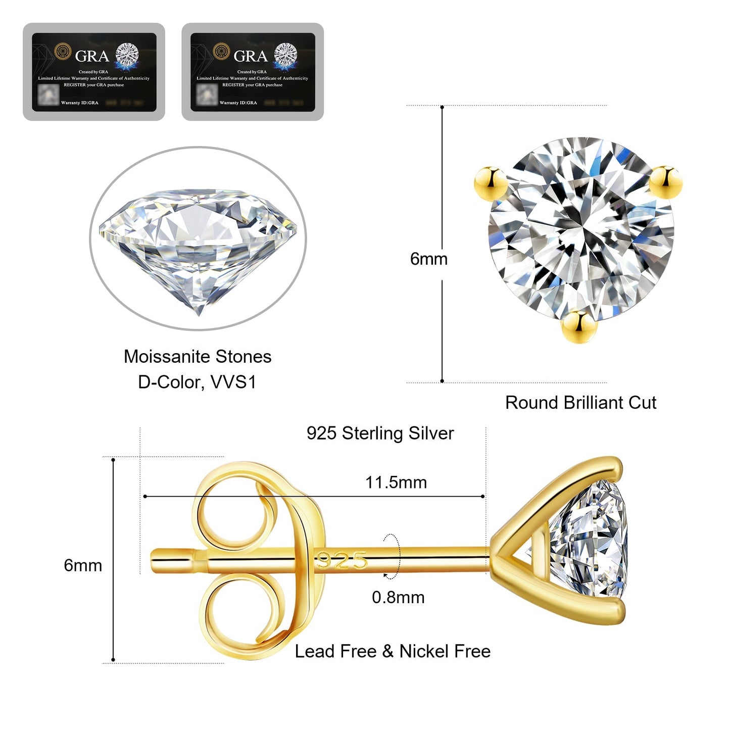 Wholesale Moissanite Earrings VVS1 D Grade 3-Prong Setting Excellent 0.5/0.8/1.0/1.5 Carats *2 Round 0213