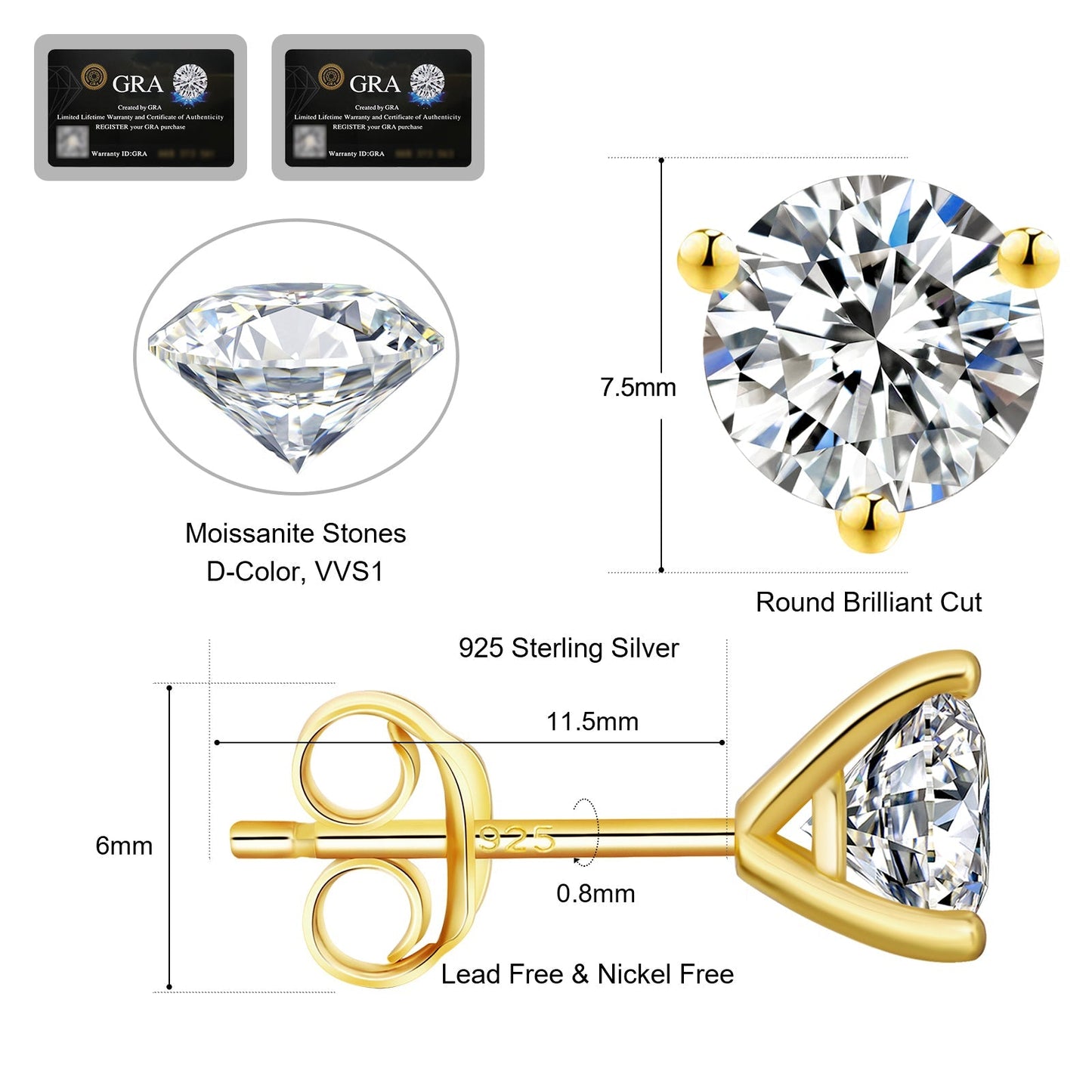 Wholesale Moissanite Earrings VVS1 D Grade 3-Prong Setting Excellent 0.5/0.8/1.0/1.5 Carats *2 Round 0213