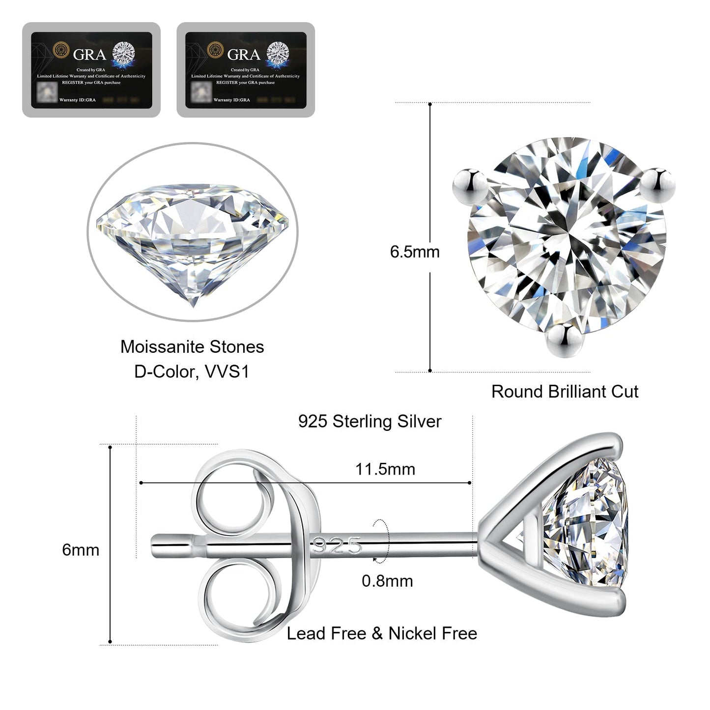 Wholesale Moissanite Earrings VVS1 D Grade 3-Prong Setting Excellent 0.5/0.8/1.0/1.5 Carats *2 Round 0213