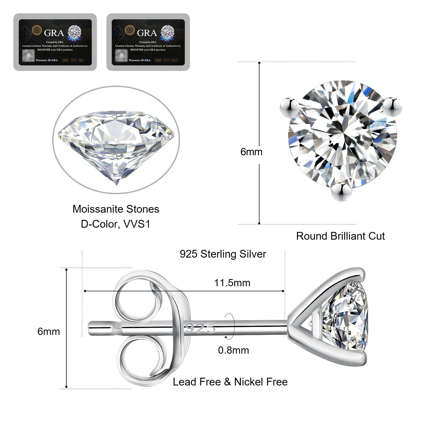 Wholesale Moissanite Earrings VVS1 D Grade 3-Prong Setting Excellent 0.5/0.8/1.0/1.5 Carats *2 Round 0213