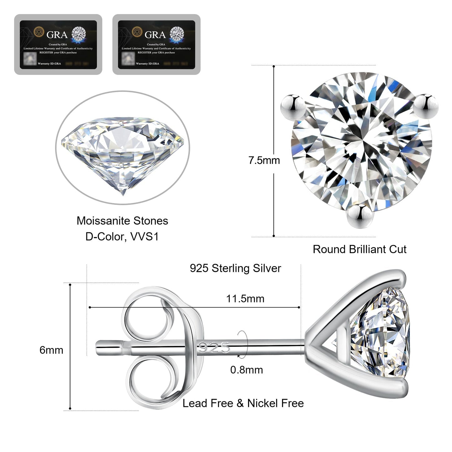 Wholesale Moissanite Earrings VVS1 D Grade 3-Prong Setting Excellent 0.5/0.8/1.0/1.5 Carats *2 Round 0213