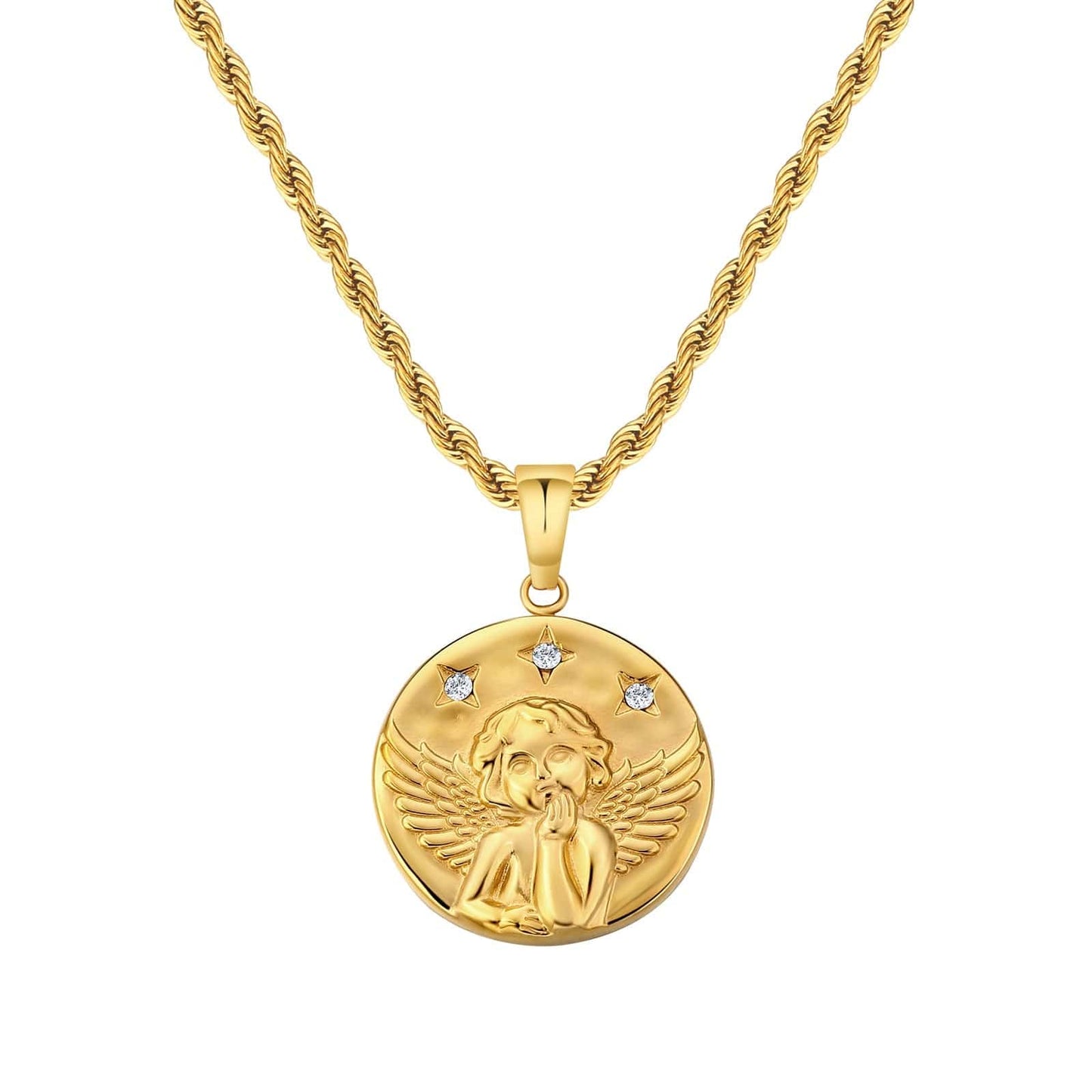 Angle Gold Coin Pendant Necklace with Rope Chain for Men