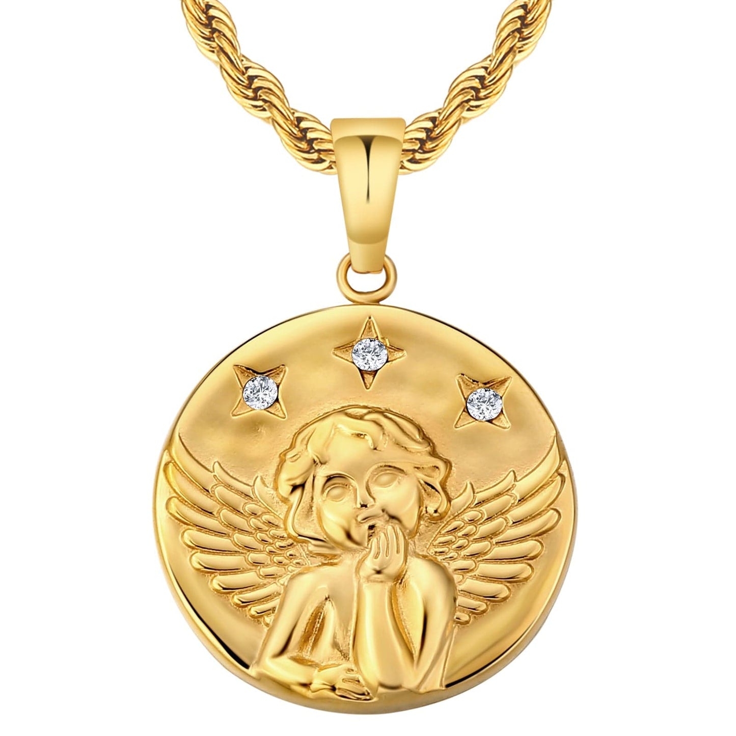 Angle Gold Coin Pendant Necklace with Rope Chain for Men