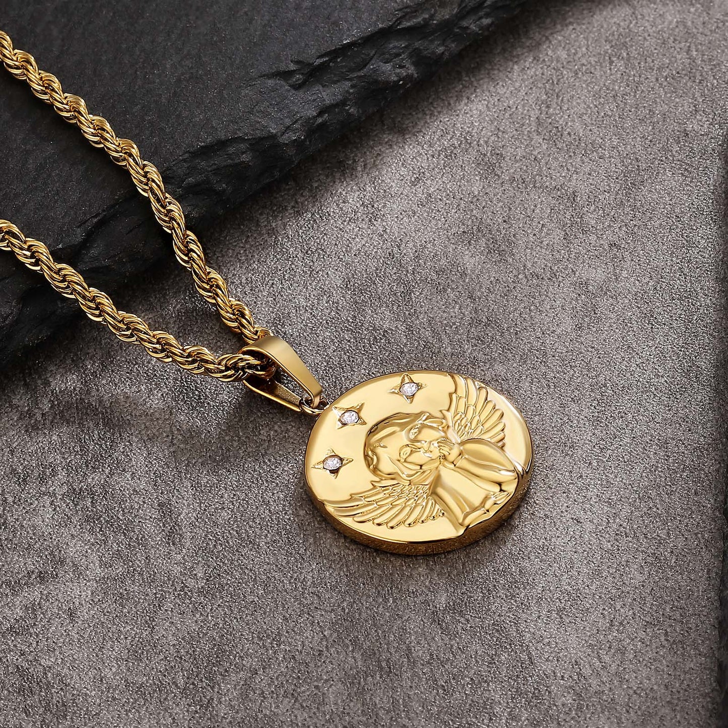 Angle Gold Coin Pendant Necklace with Rope Chain for Men