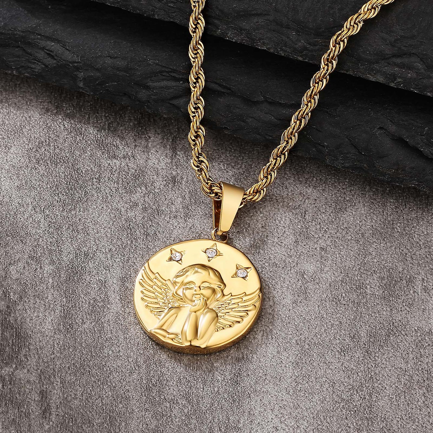 Angle Gold Coin Pendant Necklace with Rope Chain for Men