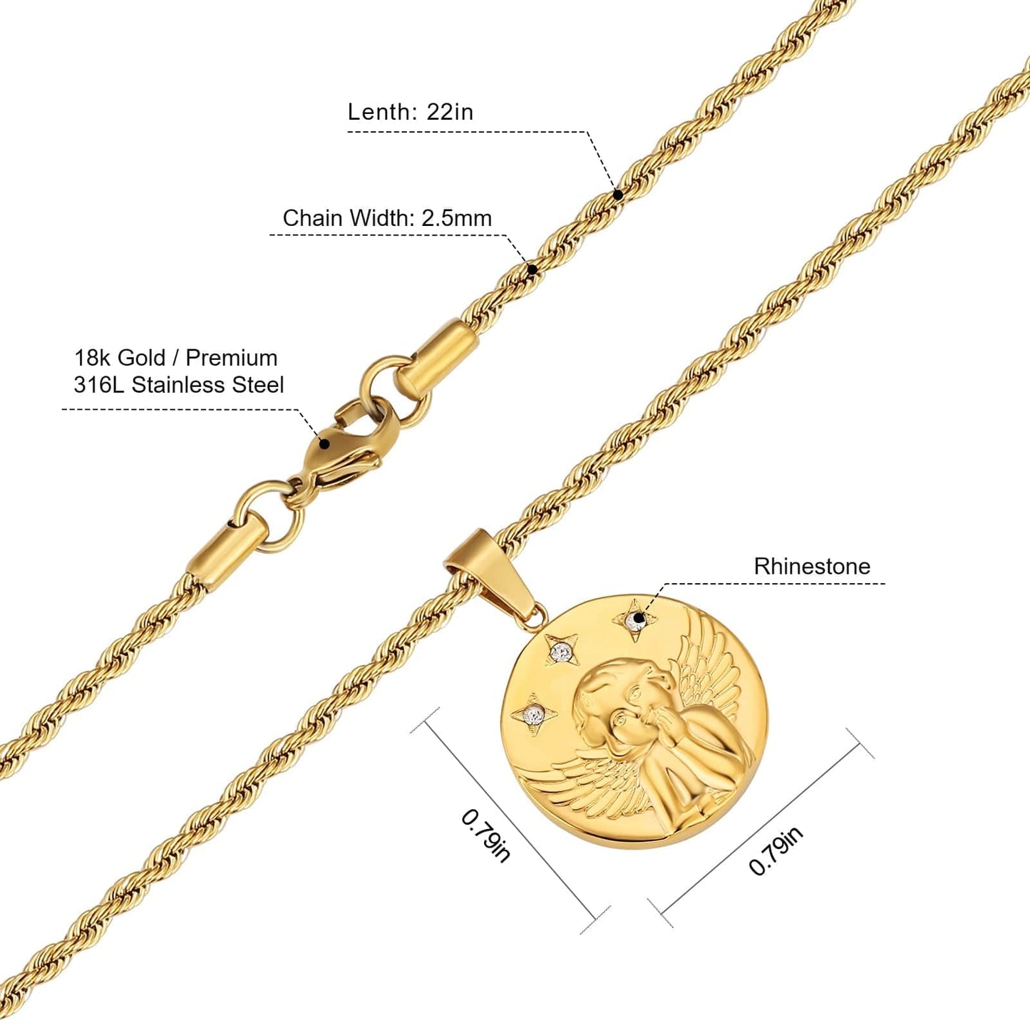 Angle Gold Coin Pendant Necklace with Rope Chain for Men