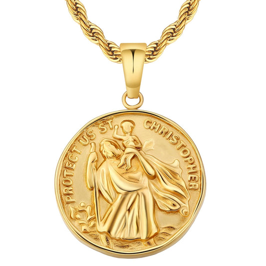 St Christopher Gold Coin Pendant Necklace with Rope Chain for Men