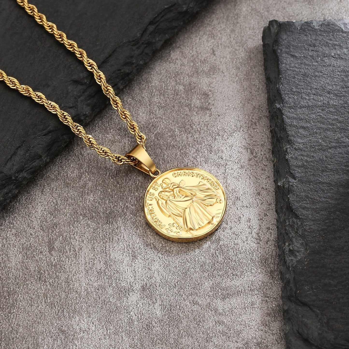 St Christopher Gold Coin Pendant Necklace with Rope Chain for Men