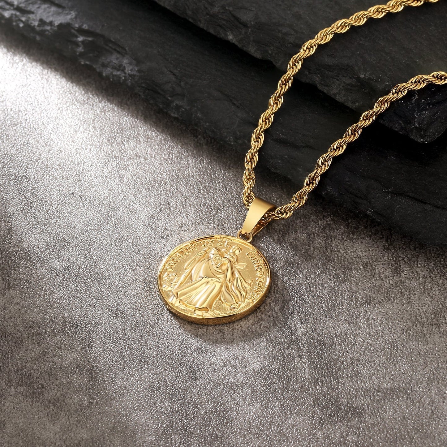 St Christopher Gold Coin Pendant Necklace with Rope Chain for Men