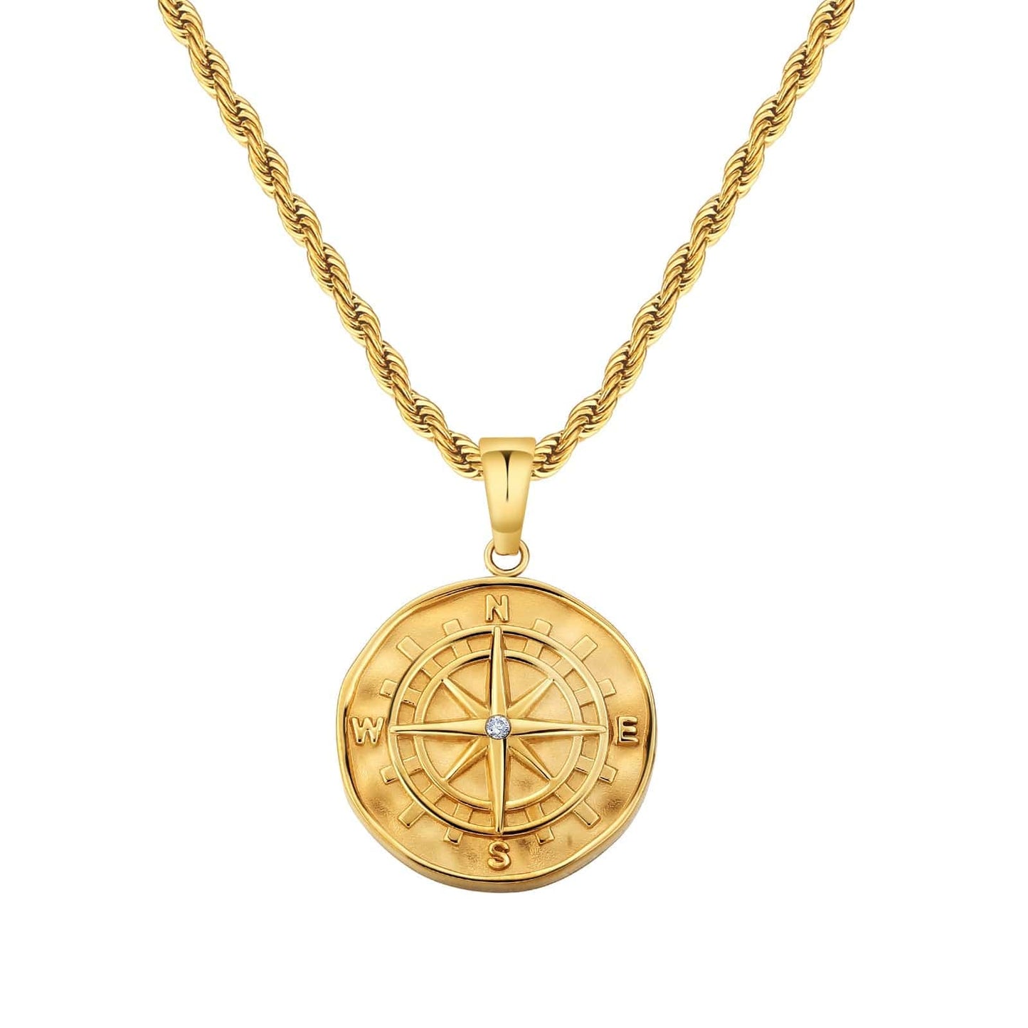 Compass Gold Coin Pendant Necklace with Rope Chain for Men