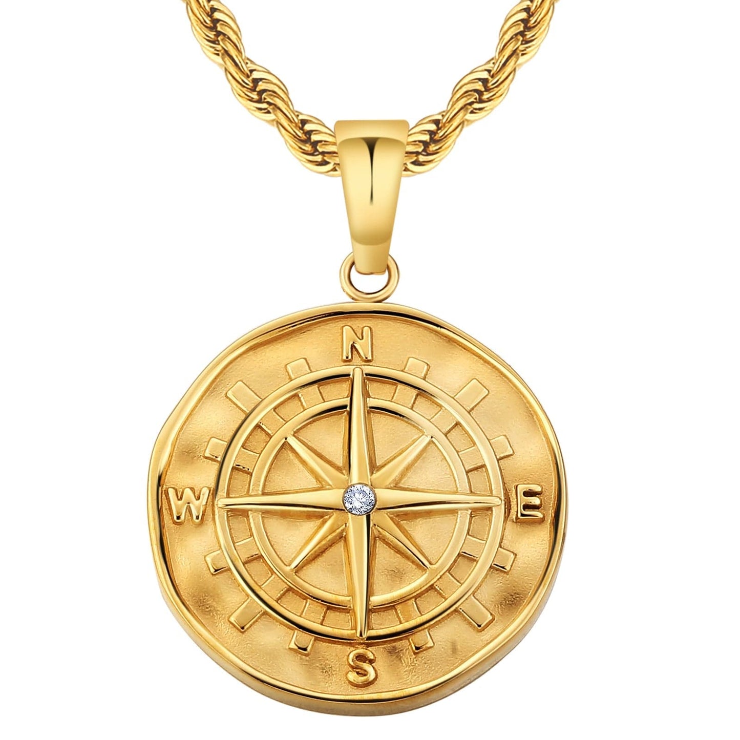 Compass Gold Coin Pendant Necklace with Rope Chain for Men