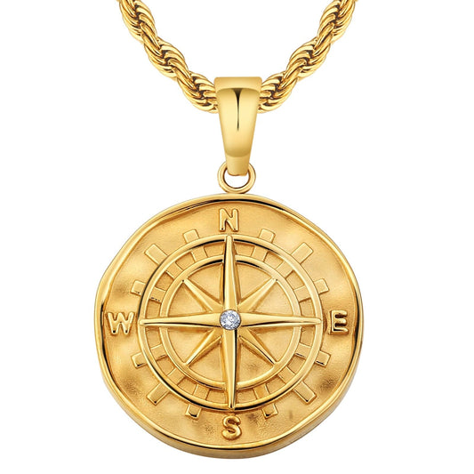 Compass Gold Coin Pendant Necklace with Rope Chain for Men