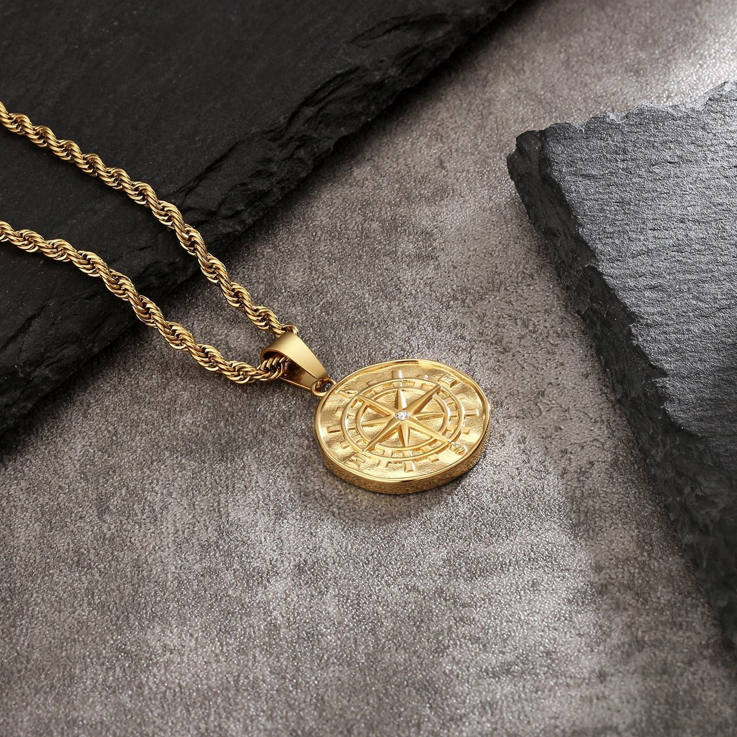 Compass Gold Coin Pendant Necklace with Rope Chain for Men