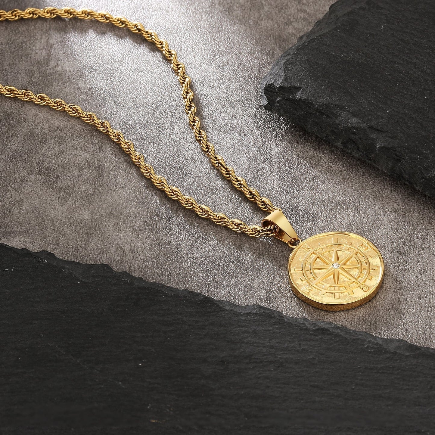 Compass Gold Coin Pendant Necklace with Rope Chain for Men