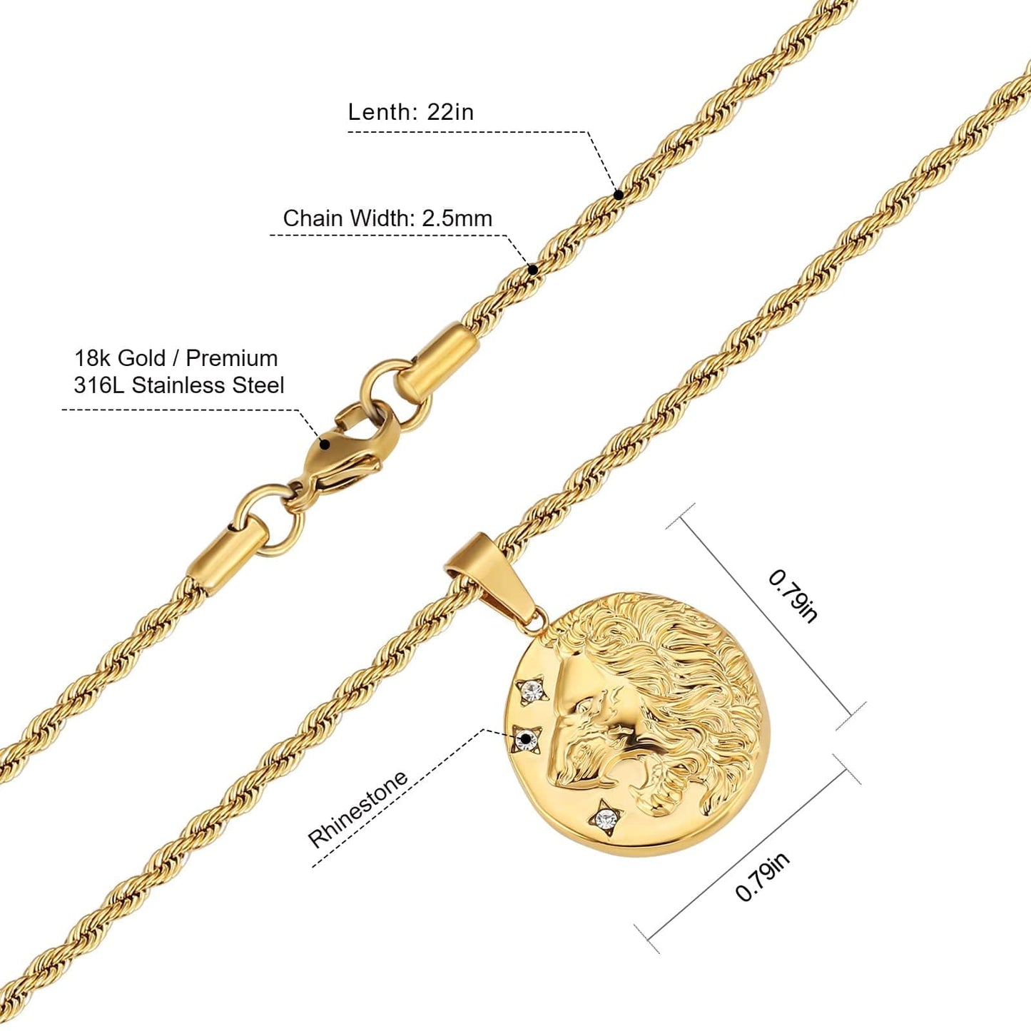 Lion Gold Coin Pendant Necklace with Rope Chain for Men