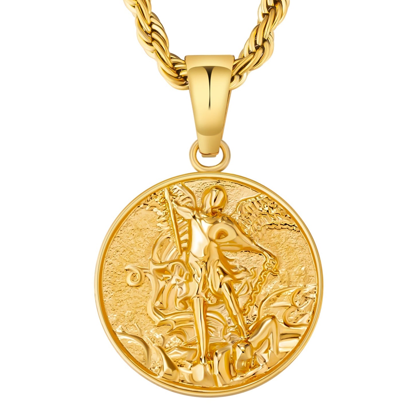 Gold Angle Coin Pendant Necklace with Rope Chain for Men