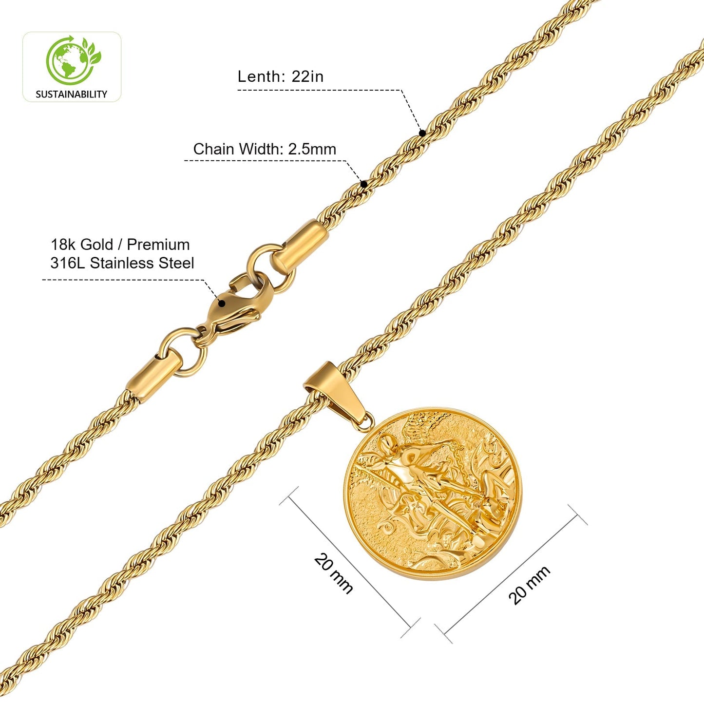 Gold Angle Coin Pendant Necklace with Rope Chain for Men