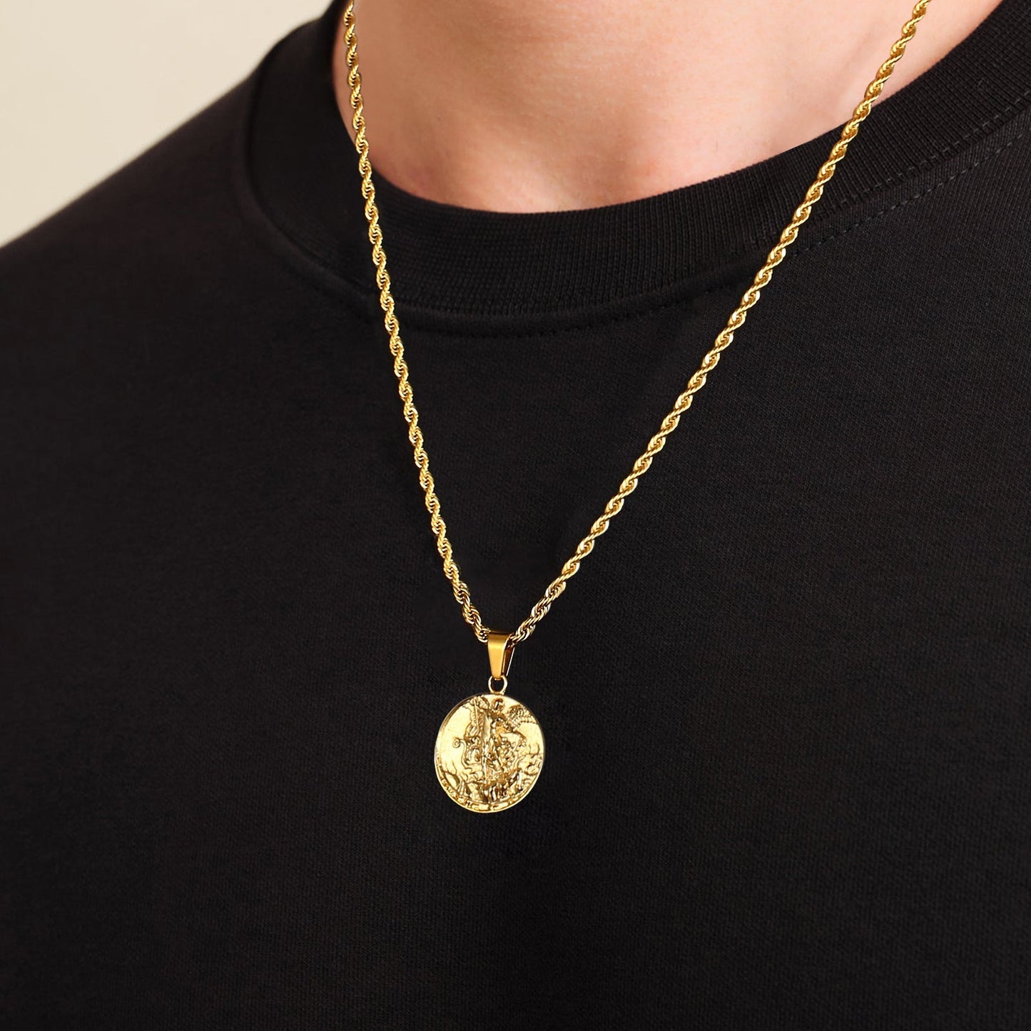 Gold Angle Coin Pendant Necklace with Rope Chain for Men