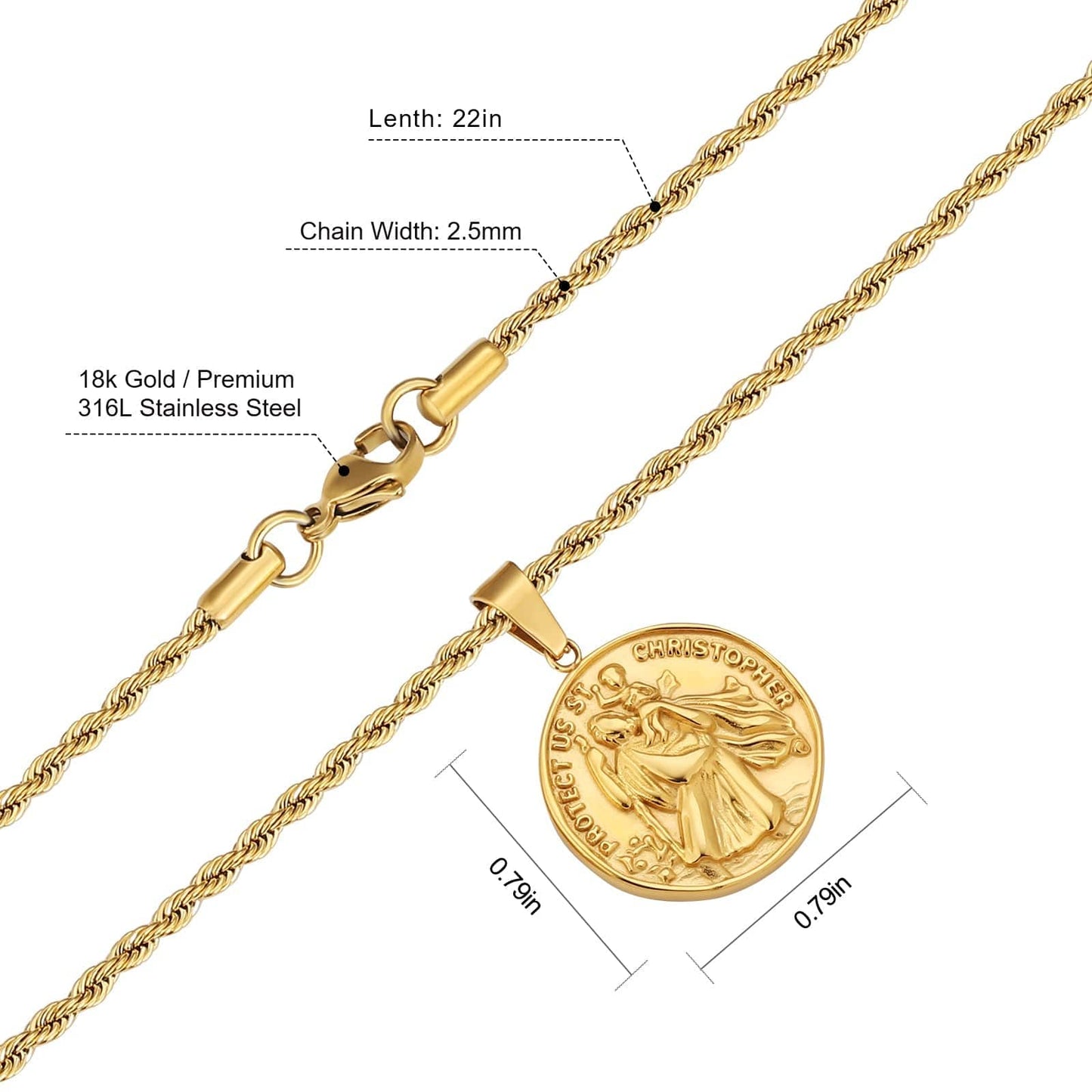 St Christopher Gold Coin Pendant Necklace with Rope Chain for Men