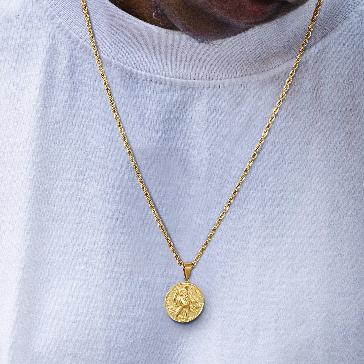 St Christopher Gold Coin Pendant Necklace with Rope Chain for Men