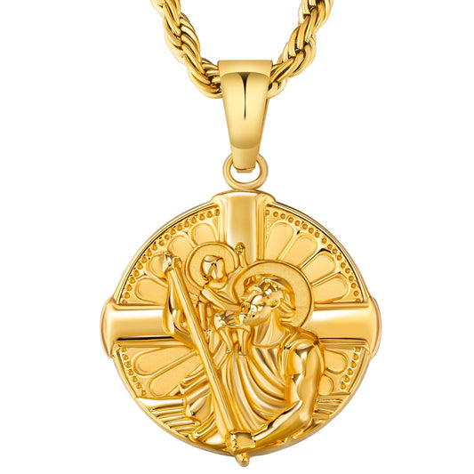 St Christopher Cross Gold Coin Pendant Necklace with Rope Chain for Men