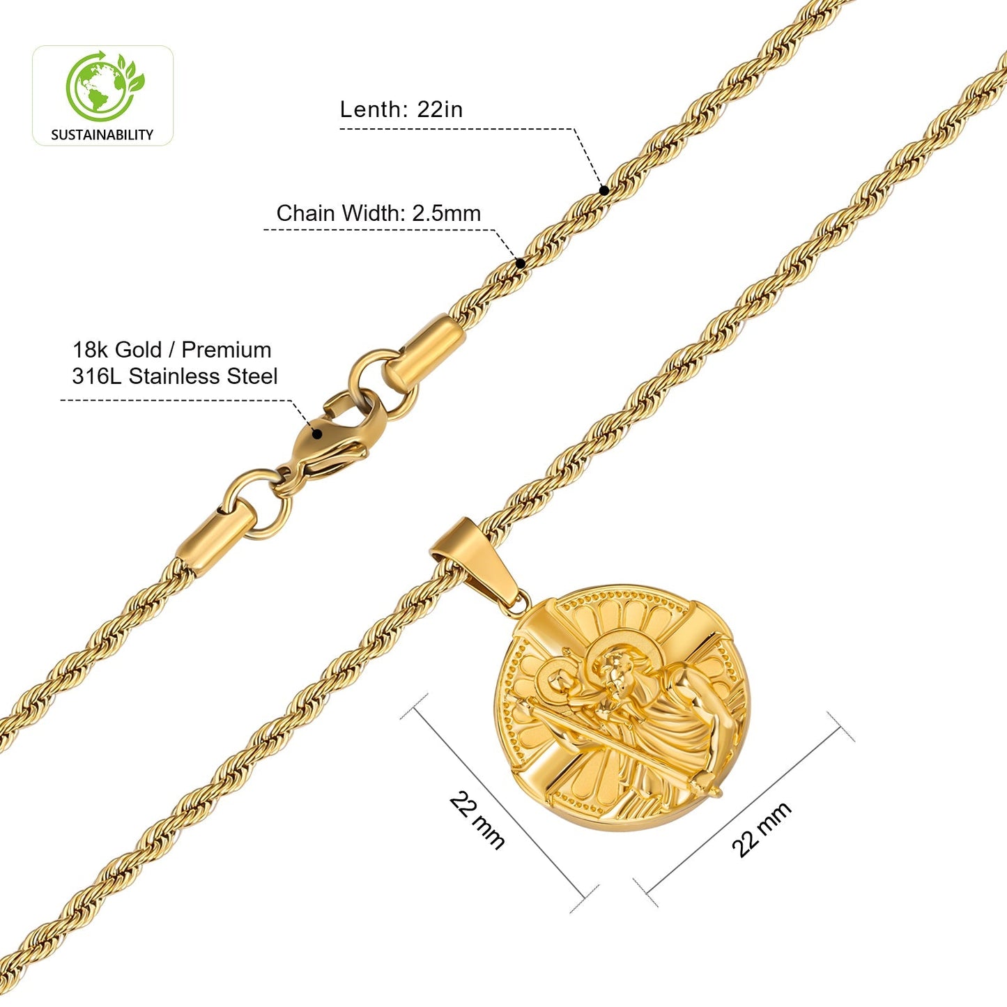 St Christopher Cross Gold Coin Pendant Necklace with Rope Chain for Men