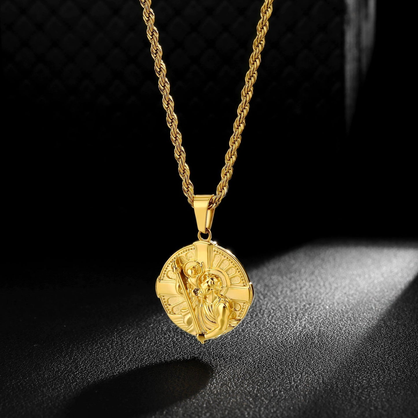 St Christopher Cross Gold Coin Pendant Necklace with Rope Chain for Men