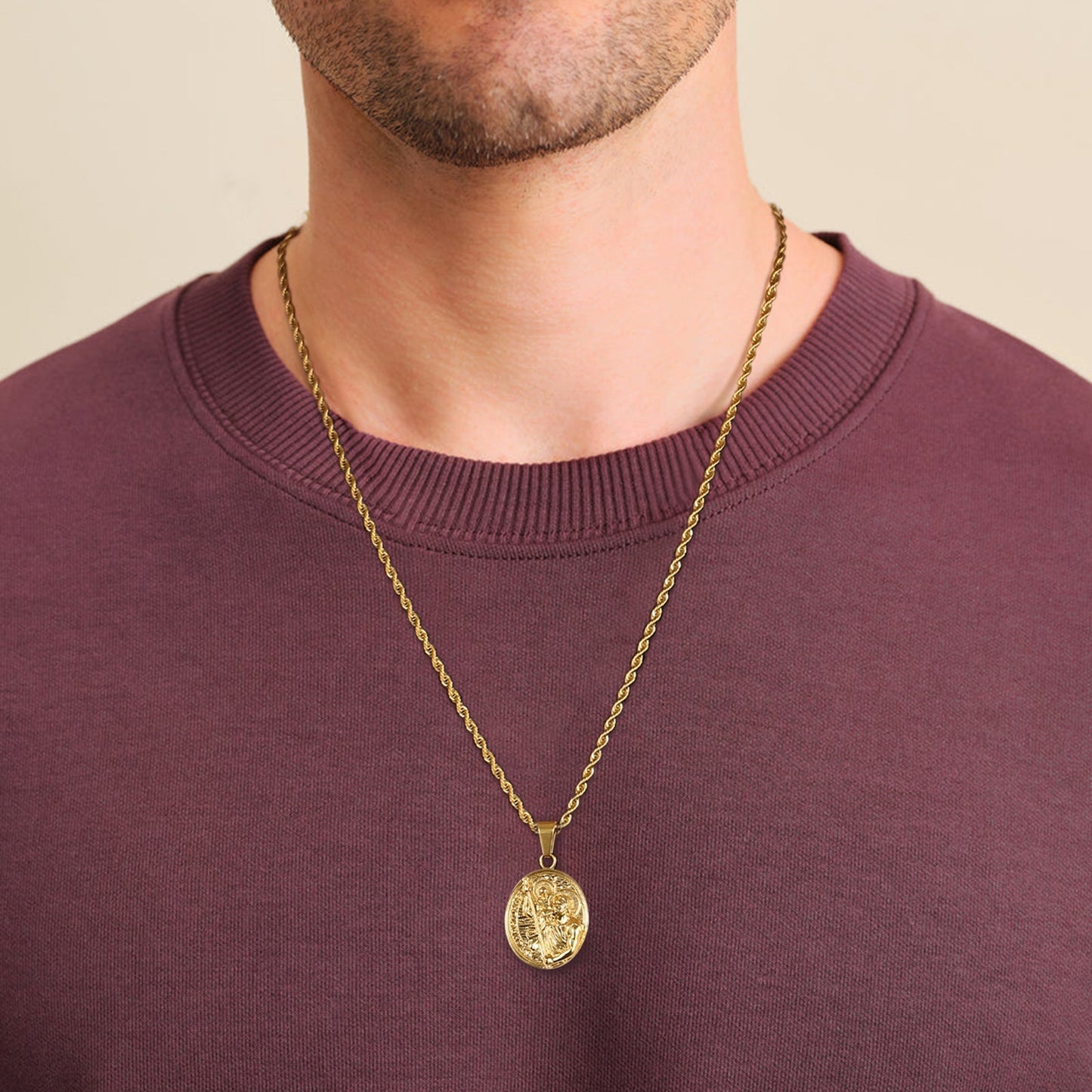 St Christopher Oval Gold Coin Pendant Necklace with Rope Chain for Men