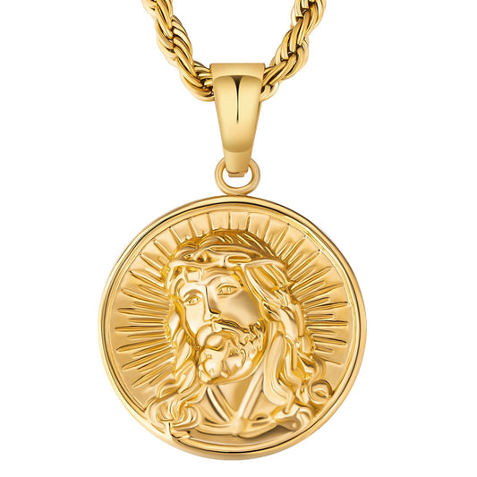 Wholesale The light of Jesus Gold Coin Pendant Necklace with Rope Chain for Men