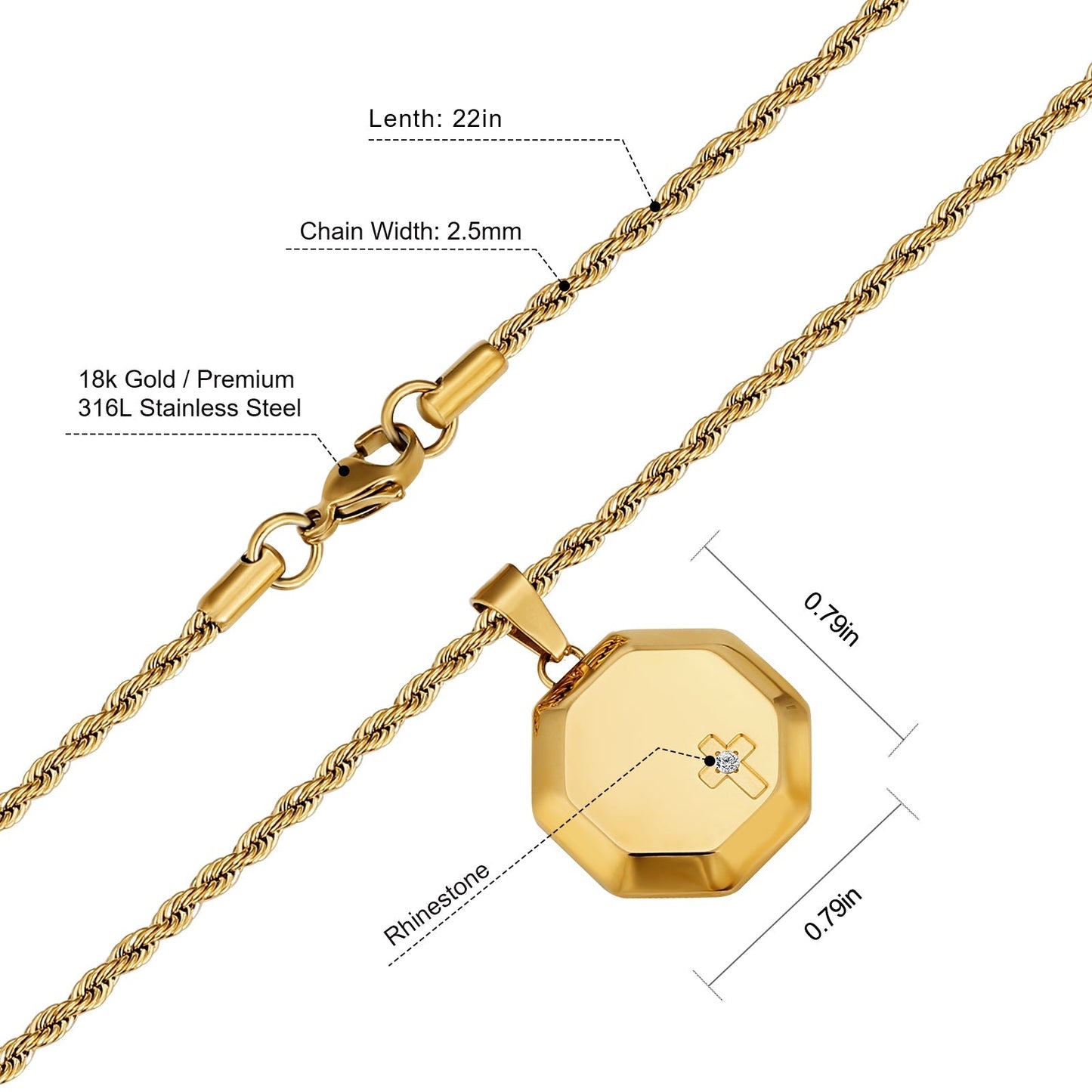 Wholesale Hexagon Cross Gold Coin Pendant Necklace with Rope Chain for Men