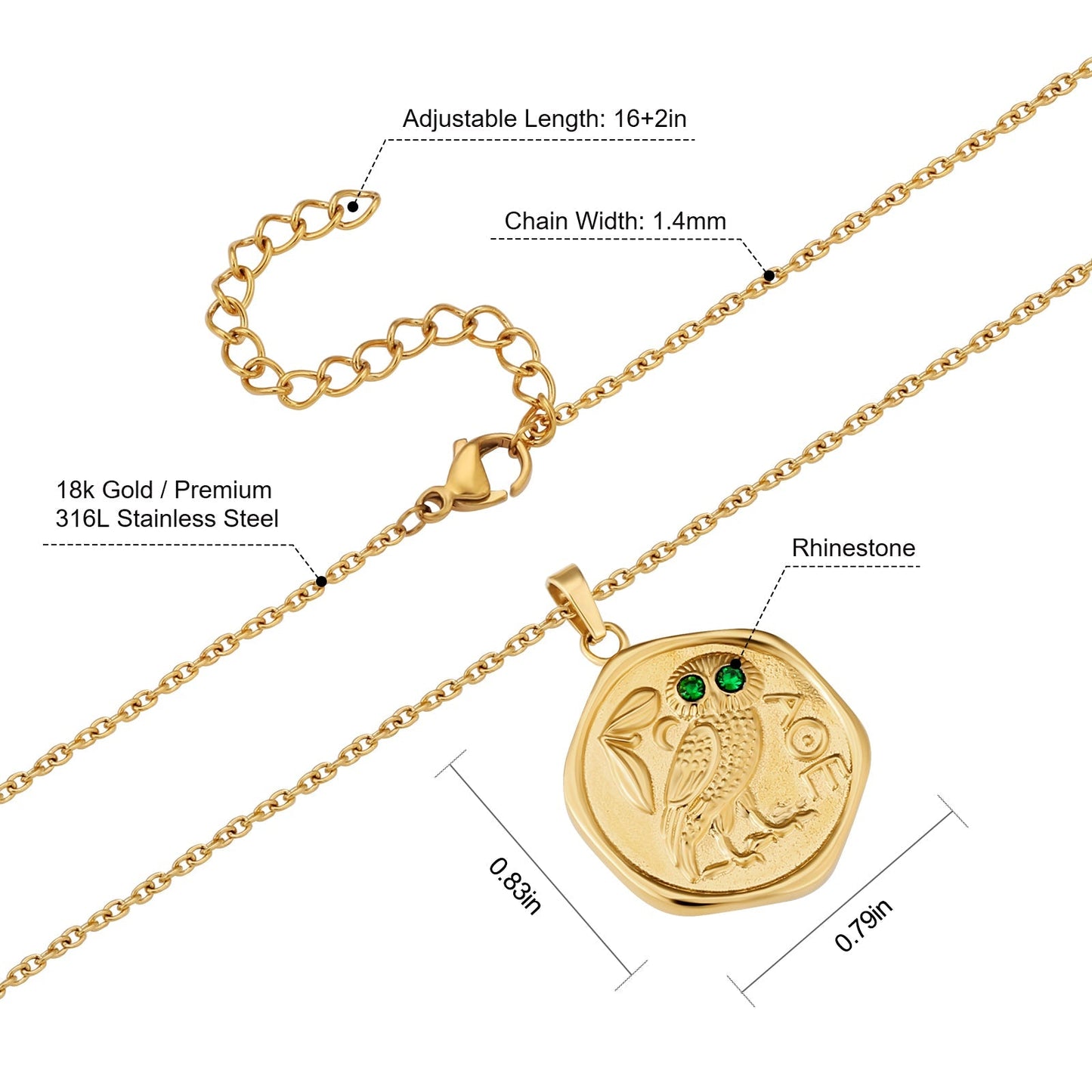 Wholesale Greek Owl Gold Coin Pendant Necklace for Women