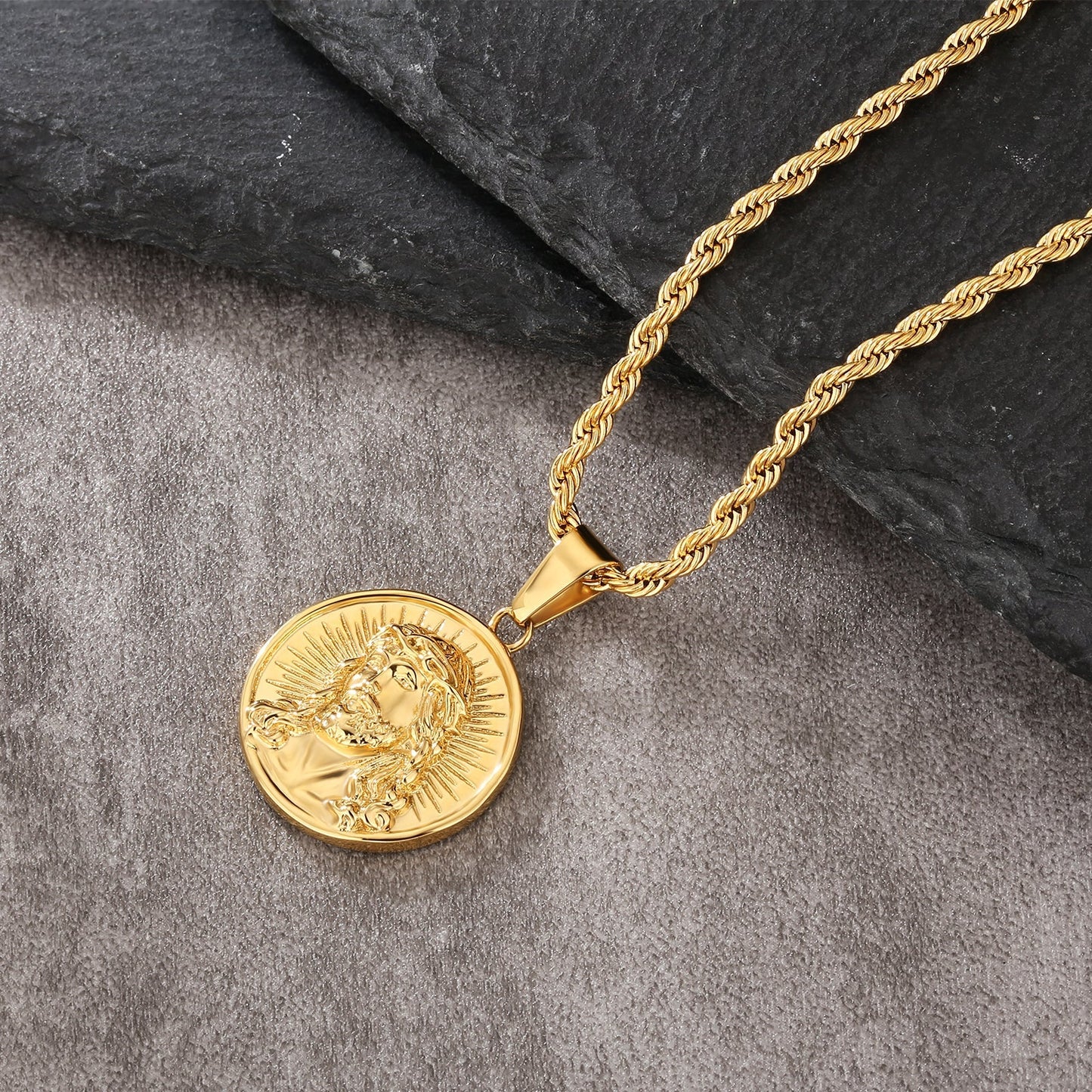 Wholesale The light of Jesus Gold Coin Pendant Necklace with Rope Chain for Men