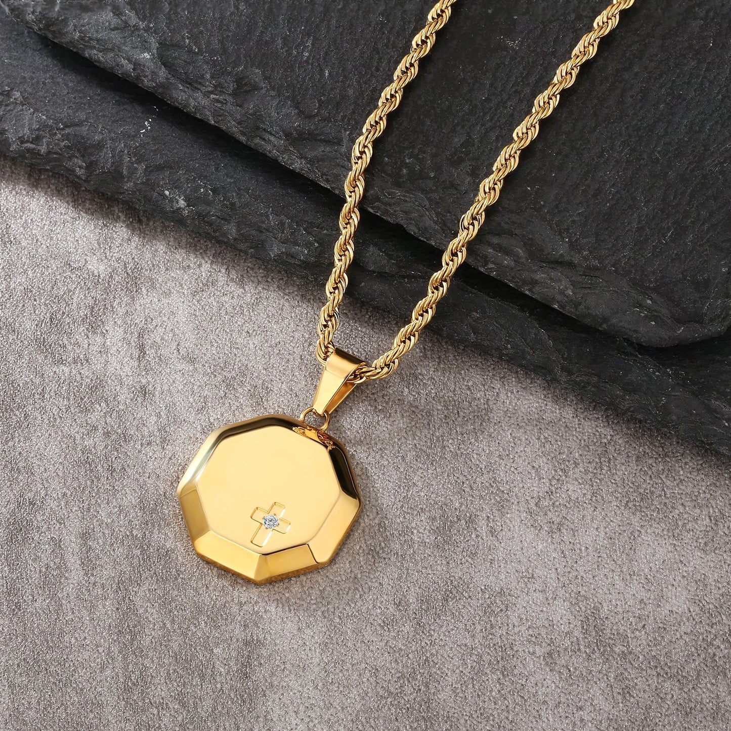 Wholesale Hexagon Cross Gold Coin Pendant Necklace with Rope Chain for Men