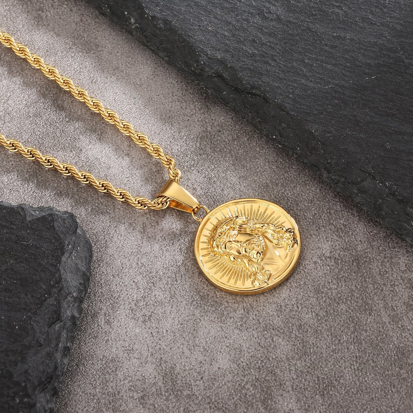 Wholesale The light of Jesus Gold Coin Pendant Necklace with Rope Chain for Men