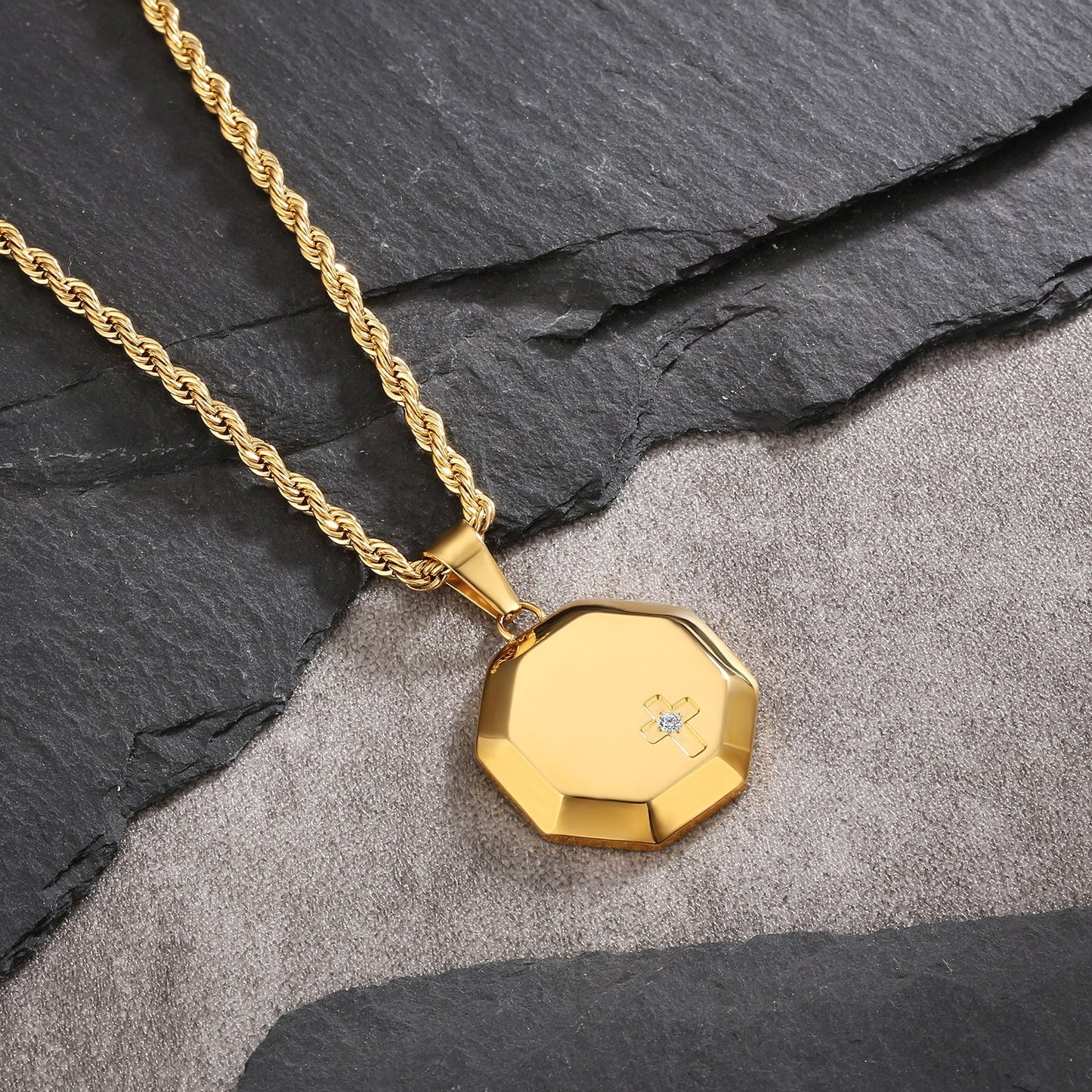 Wholesale Hexagon Cross Gold Coin Pendant Necklace with Rope Chain for Men