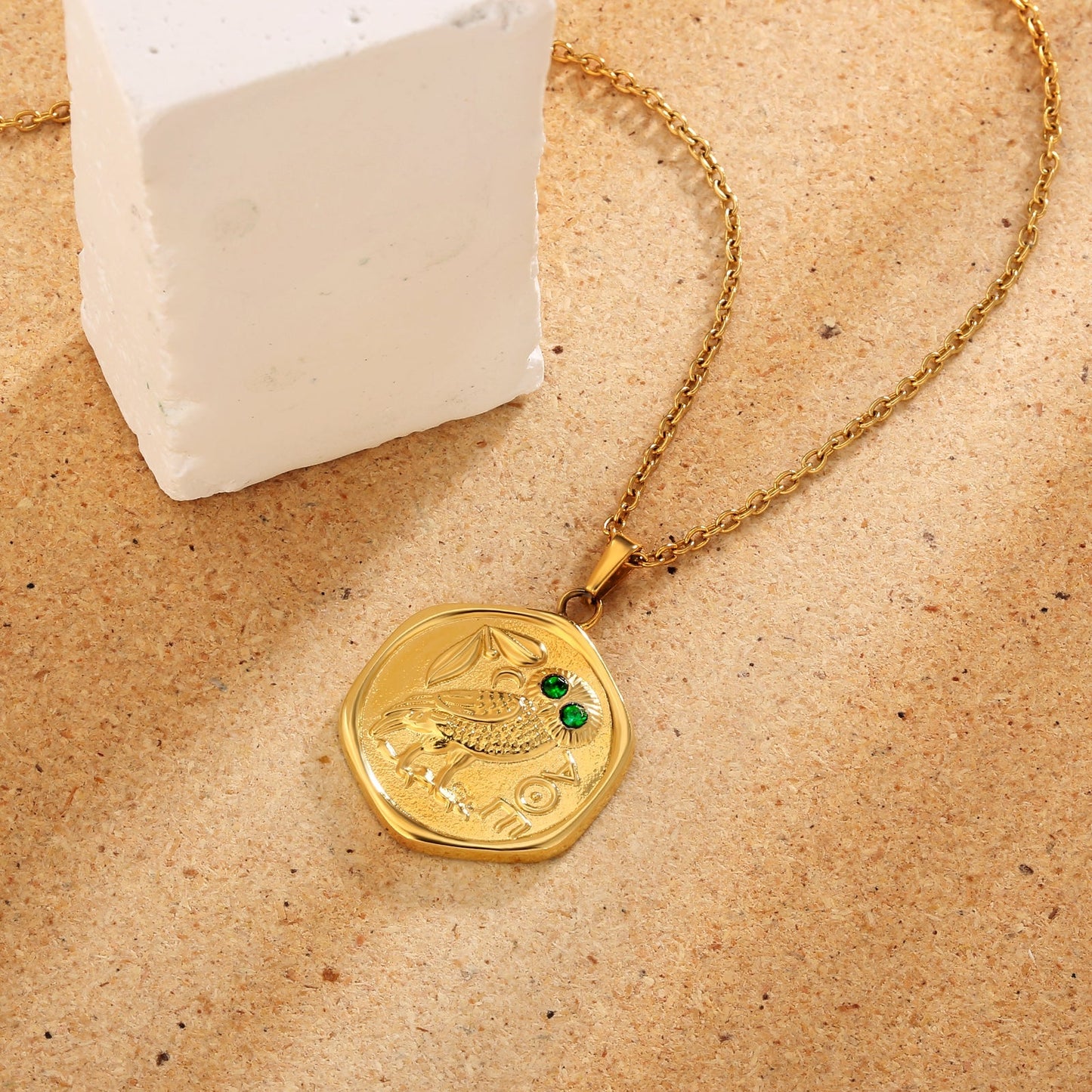 Wholesale Greek Owl Gold Coin Pendant Necklace for Women