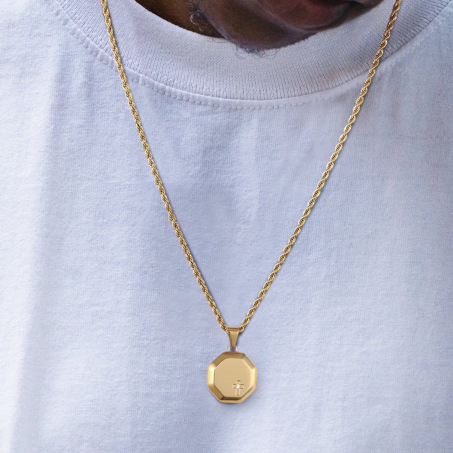 Wholesale Hexagon Cross Gold Coin Pendant Necklace with Rope Chain for Men