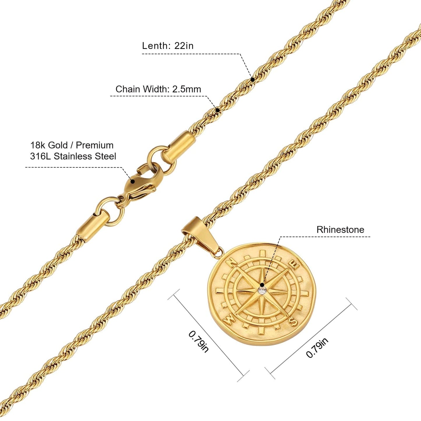 Compass Gold Coin Pendant Necklace with Rope Chain for Men