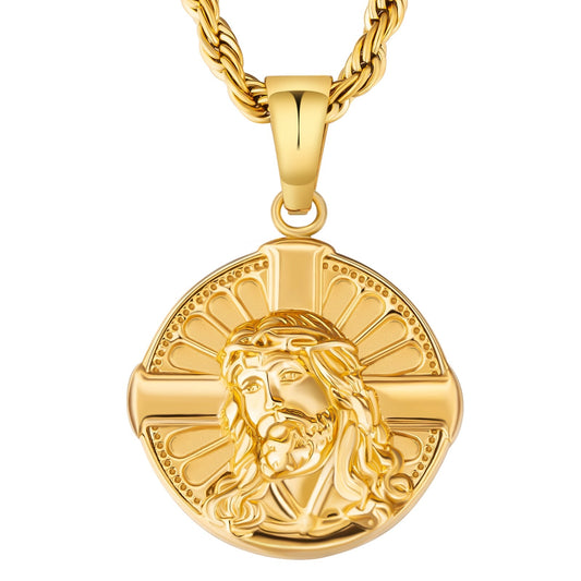 Wholesale Jesus on Cross Gold Coin Pendant Necklace with Rope Chain for Men