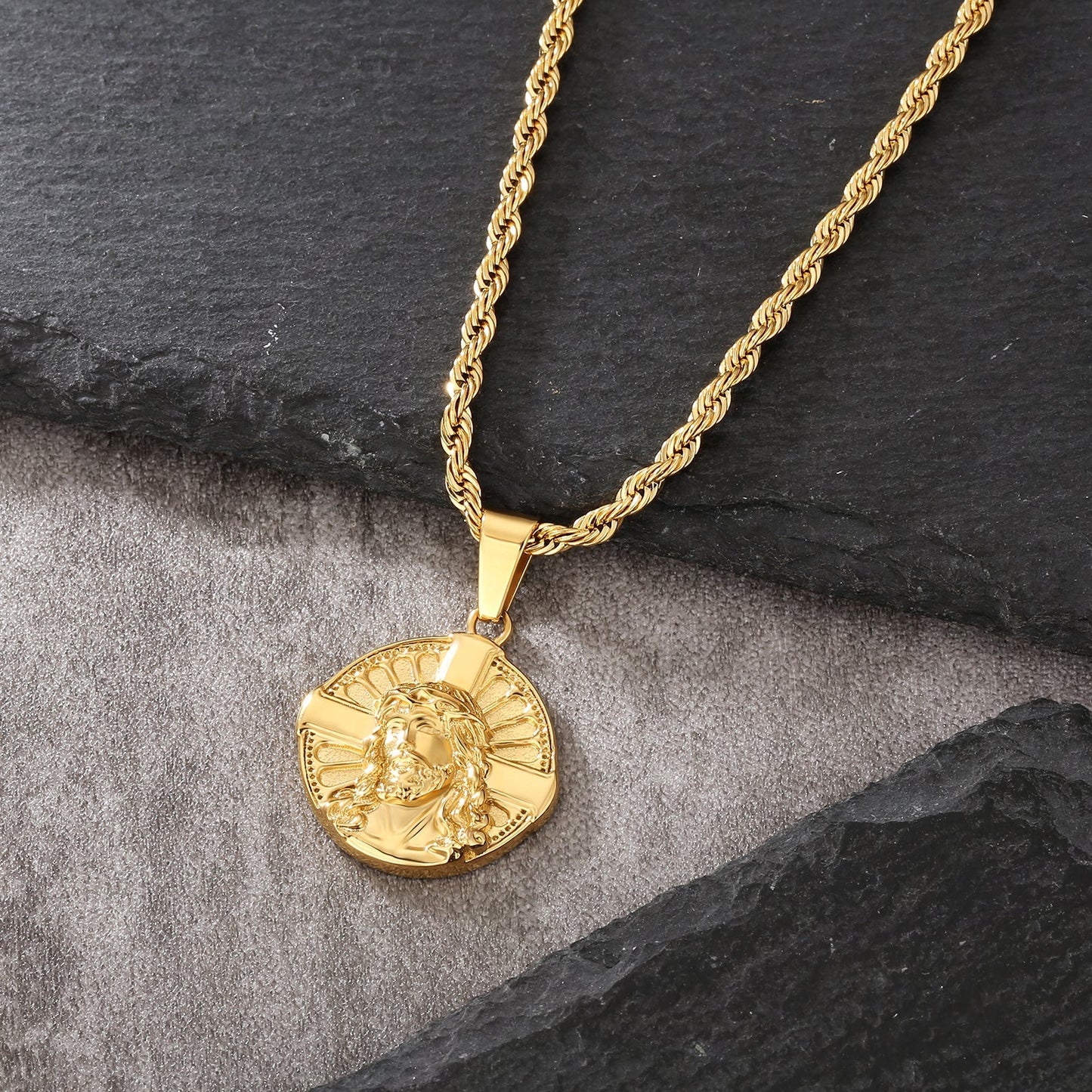 Wholesale Jesus on Cross Gold Coin Pendant Necklace with Rope Chain for Men